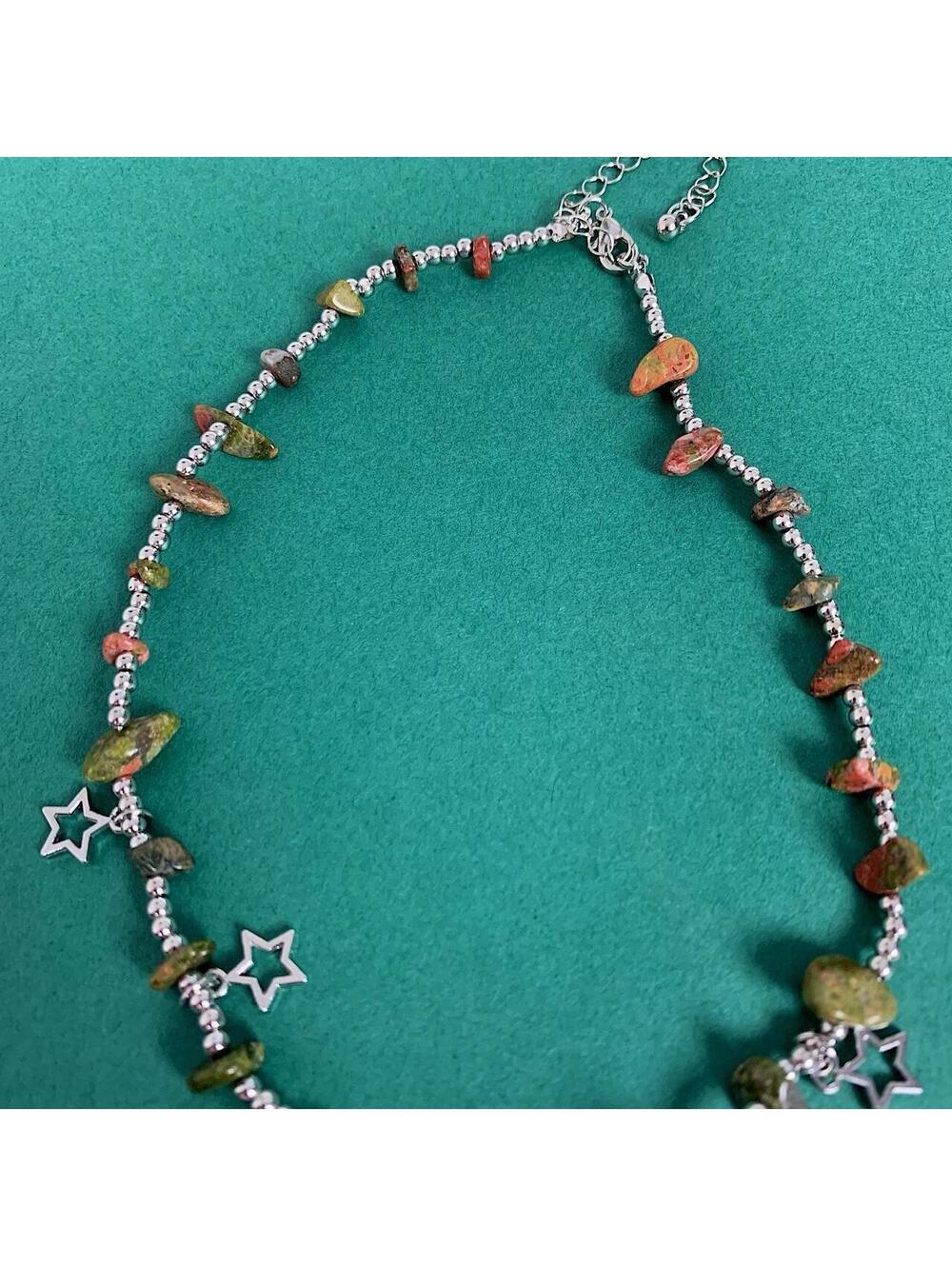 Earth Tone Star Rock Silver Beaded Pendant Necklace. Chain is unisex. 18 inches - Picture 5 of 7